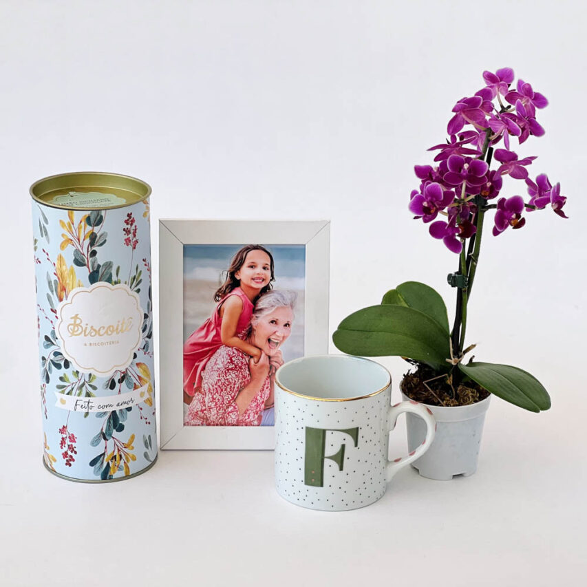 Cesta com Porta Retrato, Caneca, Biscoitos e Flor - Image 3