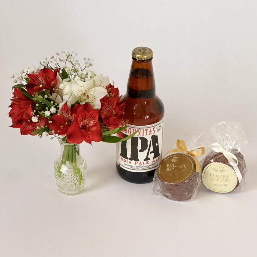 Cesta com Cerveja, Flores e Chocolate