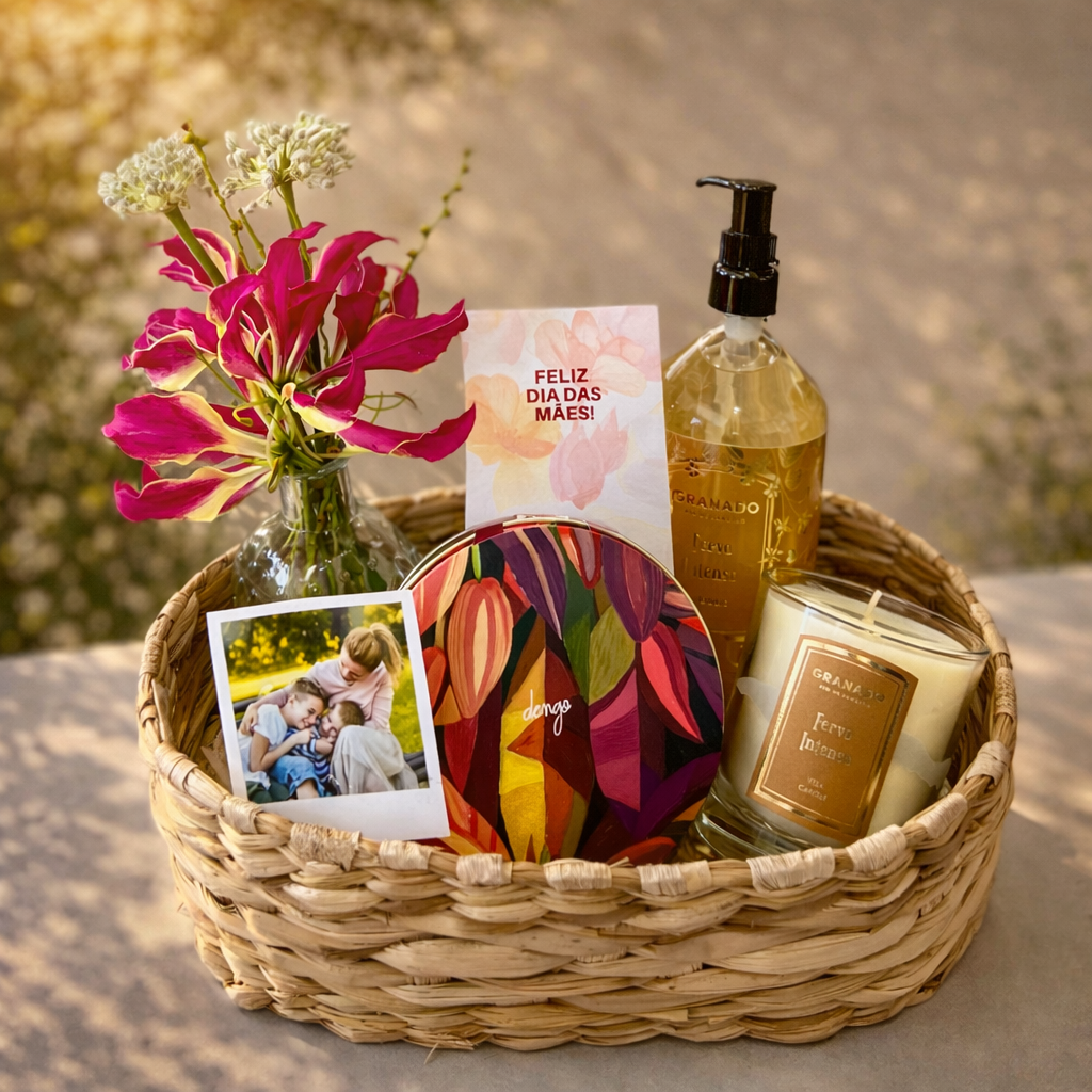 Cesta Presente Dia das Mães Luxo com itens Granado e Chocolates Dengo