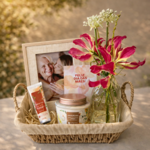 Cesta Dia das Mães com L’Occitane, Flores e Porta Retrato Personalizado