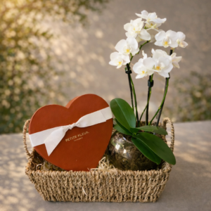 Cesta Dia das Mães com Baby Orquídea e Chocolate Petite Fleur