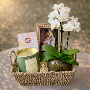 Cesta Presente Dia das Mães com Orquídea, Porta Retrato e Chocolate Belga
