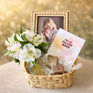 Cesta Presente Dia das Mães com Foto, Flores e Pães de Mel