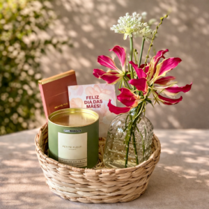 Cesta Presente Dia das Mães com Flores Premium, Chocolates Petite Fleur Patisserie
