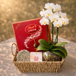 Cesta Orquídea, Pratinho Porta Joia e Chocolates