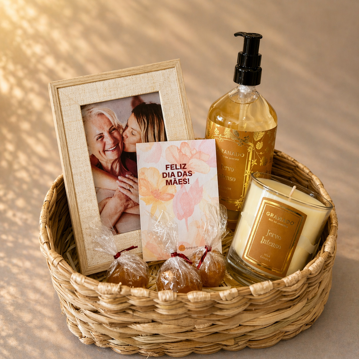 Cesta Presente Dia das Mães com Balas Caramelizadas e Itens Granado